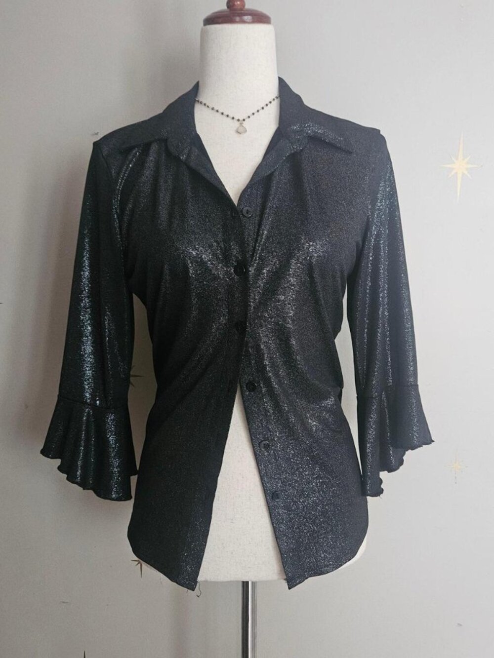 90s Anxiety XL Black Sparkle Button Up Blouse Shirt, Bell Sleeves, Collared
